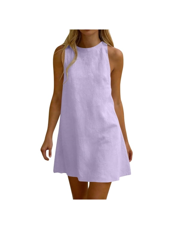 Linen Shift Dress for Women Cotton Linen Sleeveless A Line Mini Dress, Casual Round Neck Summer Beach Swing Straight Hem Sundress Light Purple M