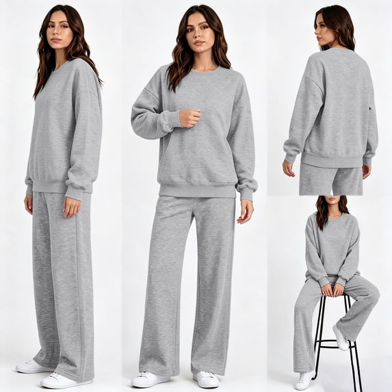 Stralyhd Long Sleeve Sweatshirt Set Women No Hooded Crew Neck Tracksuit Fall Casual Sweatsuit Athletic 2 Pieces Set Gray 3XL