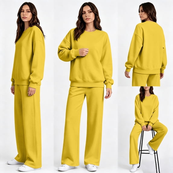 Stralyhd Long Sleeve Sweatshirts Set for Women No Hooded Crew Neck Tracksuits 2026 Fall Comfort Sweatsuit Outfits Sports 2 Piece Jogger Set Yellow S