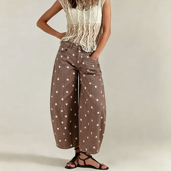 Stralyhd Low Rise Jeans for Women Polka Dot Loose Barrel Leg Casual Denim Jeans Fashion Y2K Cropped Trouser with Pockets Brown L