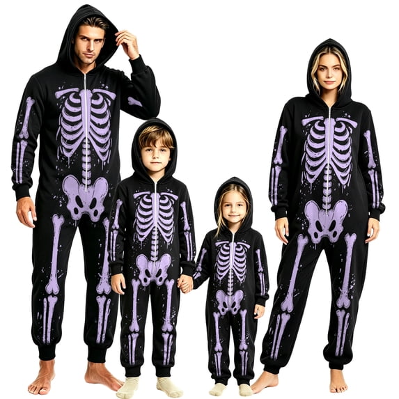 Stralyhd Matching Family Halloween Pajamas Jumpsuit Creative Graphic Onesie Adults Set Holiday Hooded Zipper Home One-Piece Family Pajamas