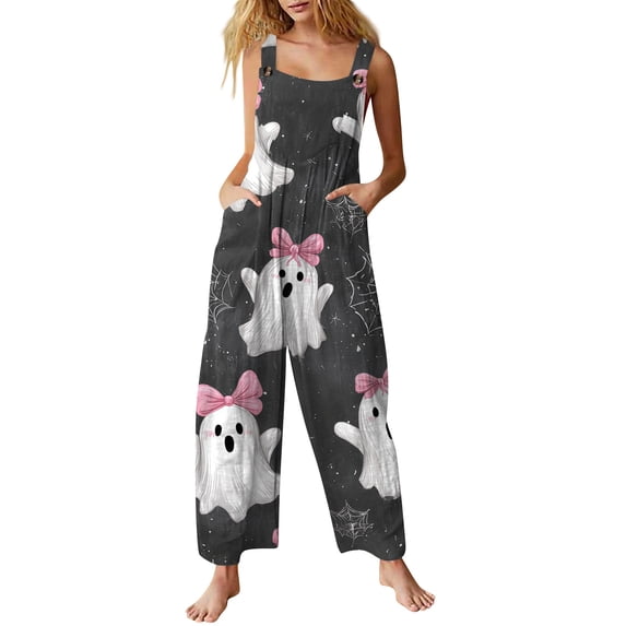 Stralyhd Midsummer Gather Casual Rompers Halloween Holiday Square Neck Jumpsuit Night Club Jumpsuits with Pockets Halloween Pumpkin Print Long Pants Dark Gray L