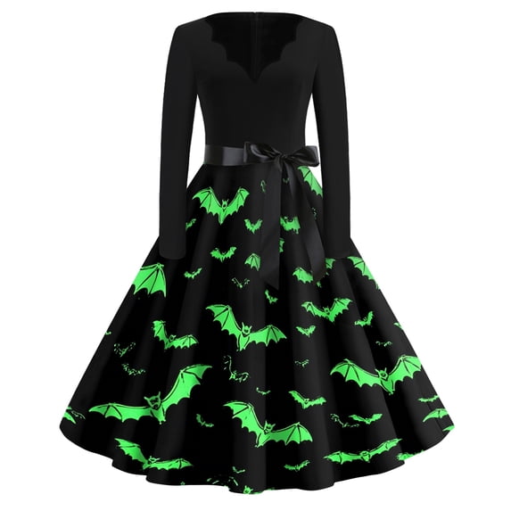 Stralyhd Midsummer Gather Womens Dresses Halloween Holiday Long Sleeve Dress Ghost Midi Dress Drawstring Halloween Pumpkin Print Clothes Green M