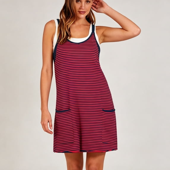 Stralyhd Mini Dresses for Women Summer Athletic Dress with Shorts Underneath Sleeveless Outings V Neck Dresses Striped Spaghetti Straps Outfits Wine 3XL