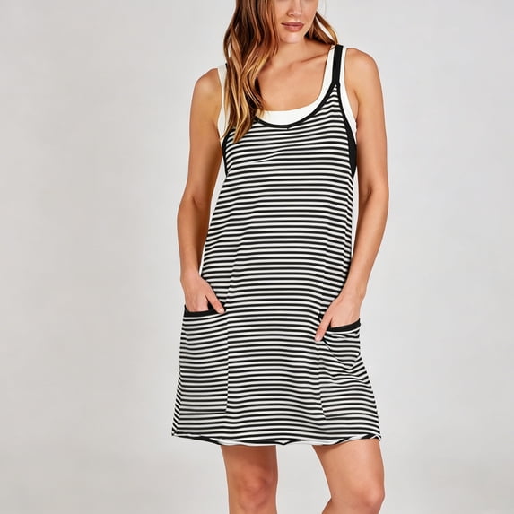 Stralyhd Mini Dresses for Women Summer Athletic Dress with Shorts Underneath Sleeveless Sports V Neck Dresses Striped Spaghetti Straps Outfits Black 3XL