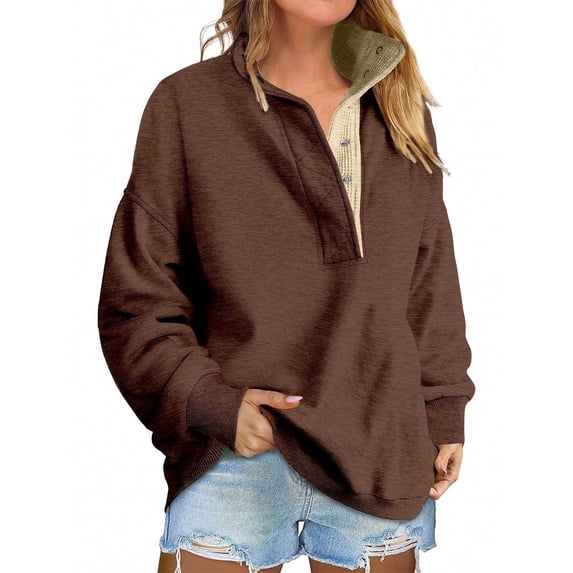 Stralyhd Oversized Sweatshirt for Women Button Up Henley Long Sleeve Loose Fit Comfort Pullover Tops Fall Fashion Clothes Brown L