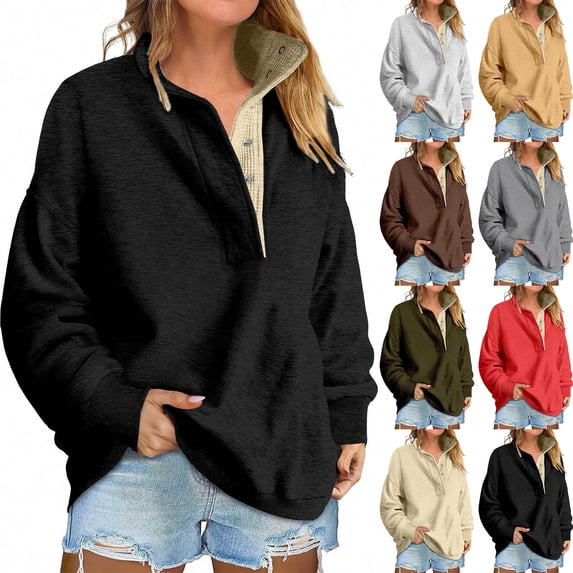 Stralyhd Oversized Sweatshirt for Women Button Up Henley Soft Relaxed Fit Pullover Tops Long Sleeve Fall Fashion Outfits Black L