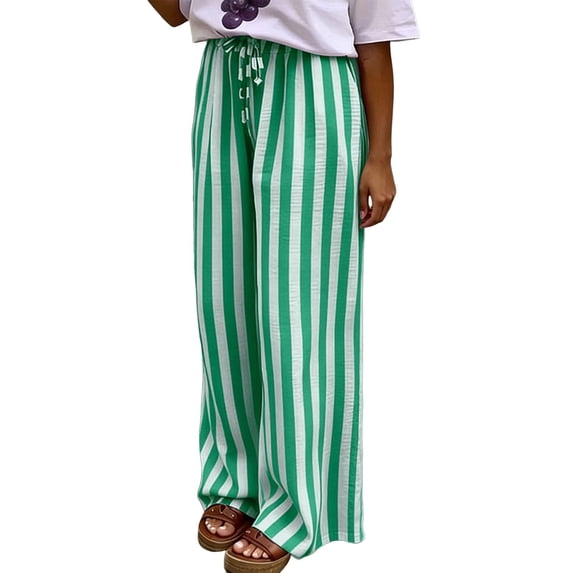Stralyhd Palazzo Pants for Women Straight Leg 2026 Summer Striped Pants Casual Flowy Lounge Pants Drawstring Elastic Waist Trousers with Pockets Green XXL