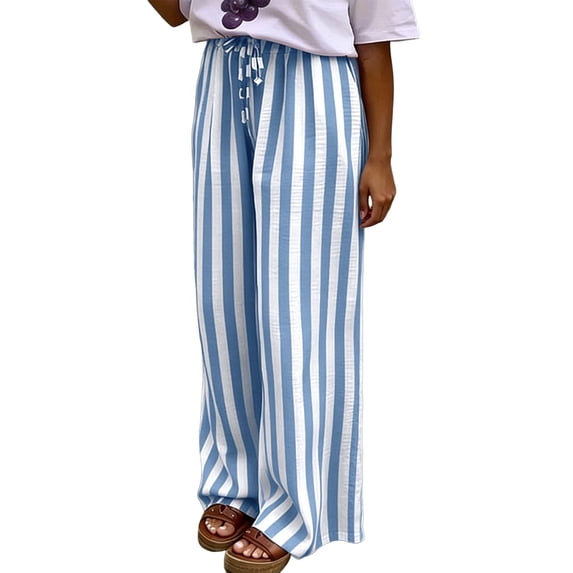 Stralyhd Palazzo Pants for Women Straight Leg Summer Striped Pants Casual Loose Lightweight Lounge Pants Drawstring Elastic Waist Trousers with Pockets Light Blue M
