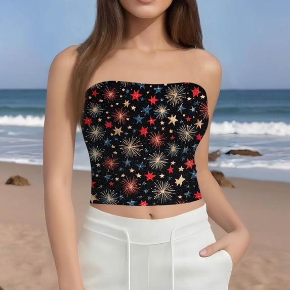 Stralyhd Patriotic Women's Strapless Tube Top Summer Y2k Crop Tank Going Out Bandeau Backless Basic Beach Stretchy Tops for Party Black M