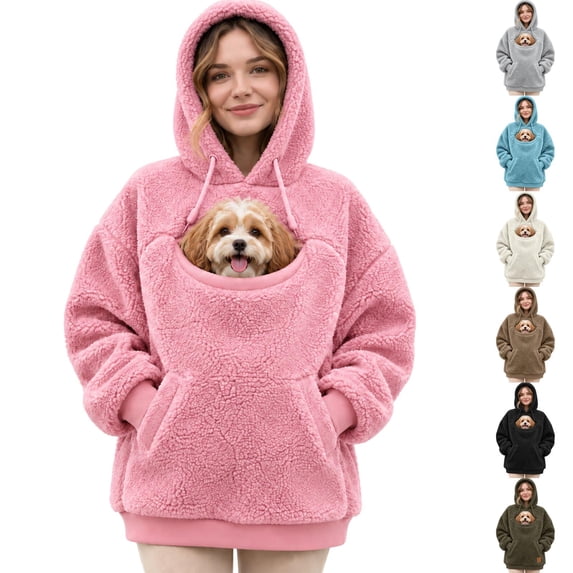 Stralyhd Pet Pouch Hoodie for Women Oversized Sweatshirt with Pet Pocket Fleece Warm Kangaroo Pouch Hoodie Hooded Animal Holder Pullover Pink L