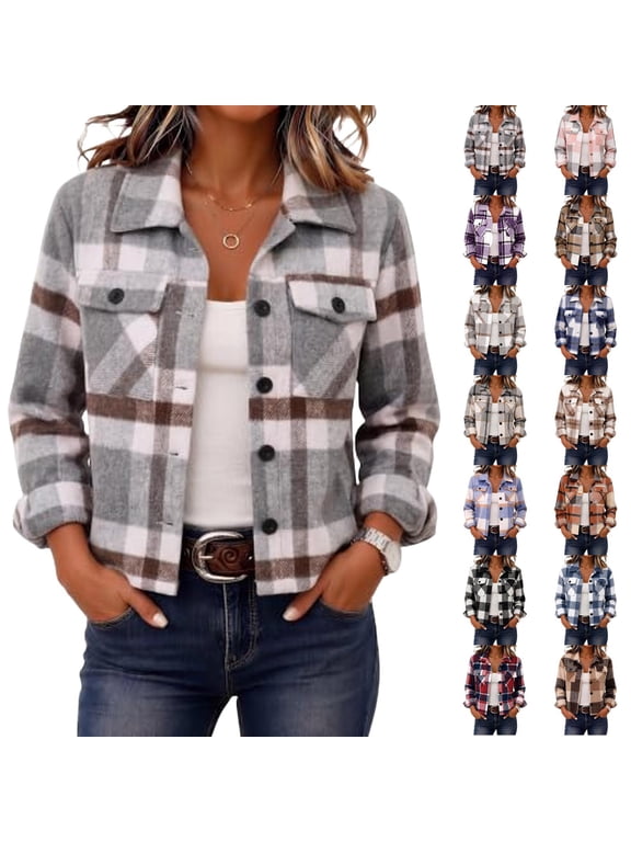 Plaid Corduroy Women Cropped Shacket Button Down Jacket Long Sleeve Fall Coats Trendy Winter Outfits Classic Collared Shirts with Pockets Dark Gray XL
