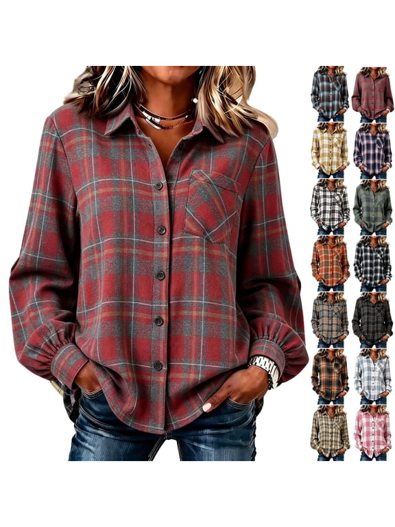Plaid Shirts for Women Oversized Long Sleeve Button Tops Buffalo Plaid Casual Lightweight Shirt Jacket with Pocket Red L