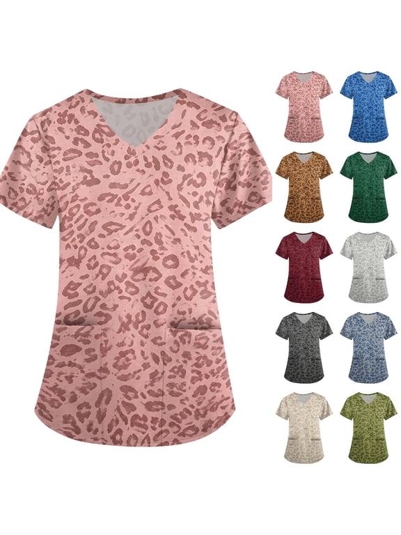 Plus Size Scrub Tops for Women Soft Stretch V-Neck Cheetah Print Medical Scrub Shirts Short Sleeve Leopard Soft Comfortable Nursing Shirts Pink S