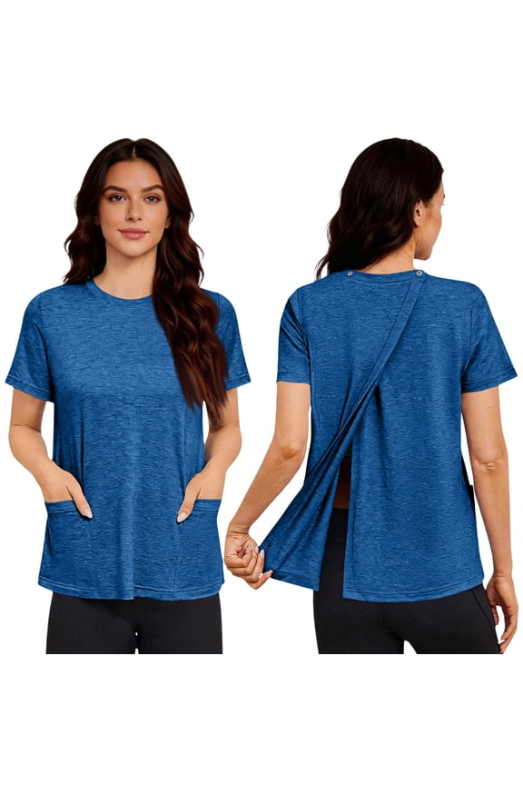 Post Shoulder Surgery Shirts Women Short Sleeve Surgery Recovery Shirts with Pockets Postoperative Care Adaptive Back Snap Button Tops Blue XL