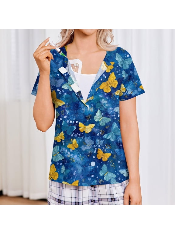 Post Surgery Shirts for Women Short Sleeve Magnetic Closure Tops Surgery Recovery Tee Chemo Post Print Adaptive Side Closure Blouse Blue L