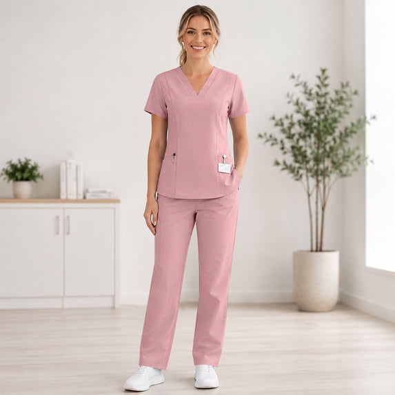 Stralyhd Scrub for Women Set Stretch Scrub V-Neck Top & Straight Leg Pants Scrub Suit Medical Uniform Pink L