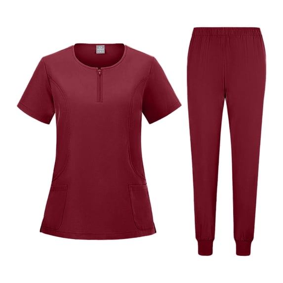 Stralyhd Scrubs Set for Women Nurse Uniform Jogger Suit Stretch Crew Neck Top & Pants with Multi Pocket for Nurse Workwear Wine S