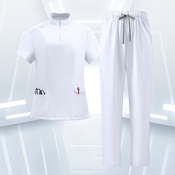 Stralyhd Scrubs for Women Set Medical Women Scrubs Mock Neck Top and Straight Leg Pants with Pockets White M