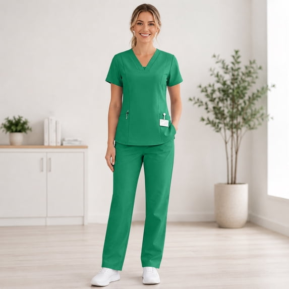 Stralyhd Scrubs for Women Set Stretch V-Neck Scrub Top & Straight Leg Pant with Multi Pockets for Nurse Workwear Green S