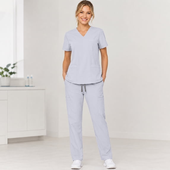 Stralyhd Scrubs for Women Set V-Neck Pocket Top & Drawstring Straight Leg Scrub Pants Stretch Nursing Scrubs Set Uniform White XXL