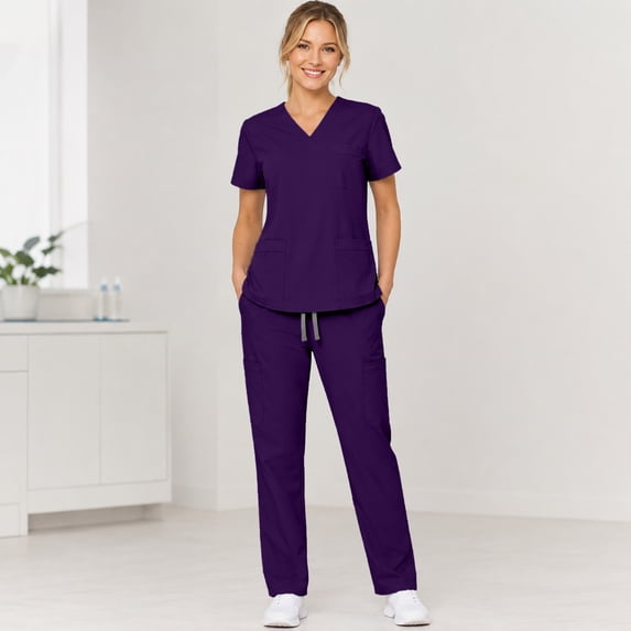 Stralyhd Scrubs for Women Set V-Neck Scrub Top & Drawstring Straight Leg Pants with Pockets Dark Purple XXL