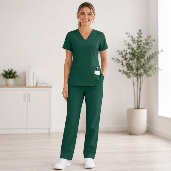 Stralyhd Scrubs for Women Set V-Neck Scrub Top & Straight Leg Pants Medical Uniform with Pockets Nurse Work Uniform Dark Green S