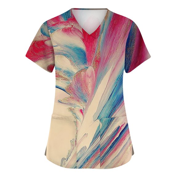 Stralyhd Scrubs for Women Short Sleeve V Neck Rainbow Abstract Marble Print Dual Practical Front Patch Pockets Hospital Medical Scrub Top Pink 4XL