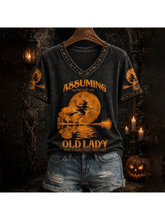 Spellbook Women Tops Broomstick Shirt Old Lady Witch Tee Autumn Leaves V Neck Pullover Shirts XL