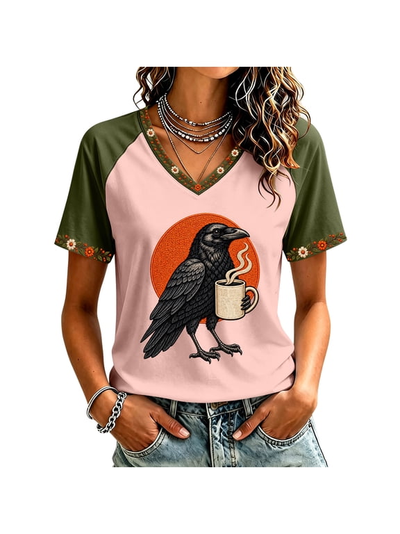 Spooky Bird Graphic Women Shirts Short Sleeve Botanical Raven Graphic T Shirt Gothic Bird Flower Tee Gothic Nature Print Top Pink L