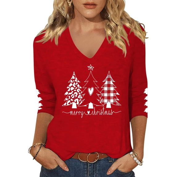 Stralyhd Spooky Graphic 3/4 Length Sleeve Womens Tops V Neck Halloween Holiday Shirts Party Tee Spooky Horror Print Top Red S