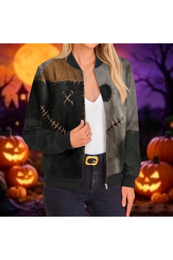 Spooky Pumpkin Jacket for Women Halloween Party Aviator Jacket Festival Gathering Jackets Spooky Horror Print Windbreaker Gray XL