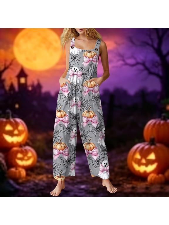 Spooky Pumpkin Womens Overalls Halloween Party Sleeveless Jumpsuit Party Jumpsuits with Pockets Scary Pumpkin Pattern Wide Leg Trousers Pink 3XL