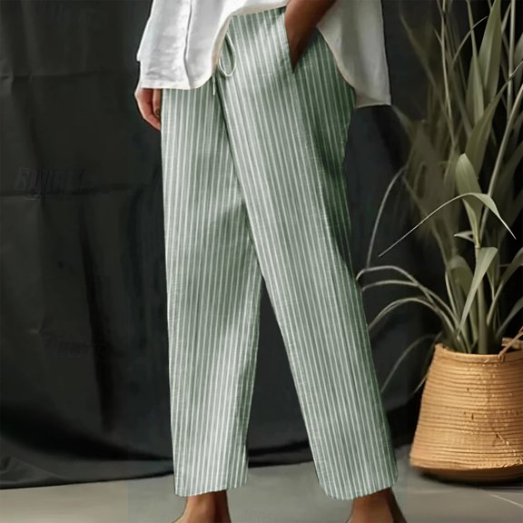 Stralyhd Striped Pants Women Straight Leg 2026 Summer Pants Casual Lightweight Boho Lounge Pants Drawstring Elastic Waisted Trousers with Pockets Dark Green M
