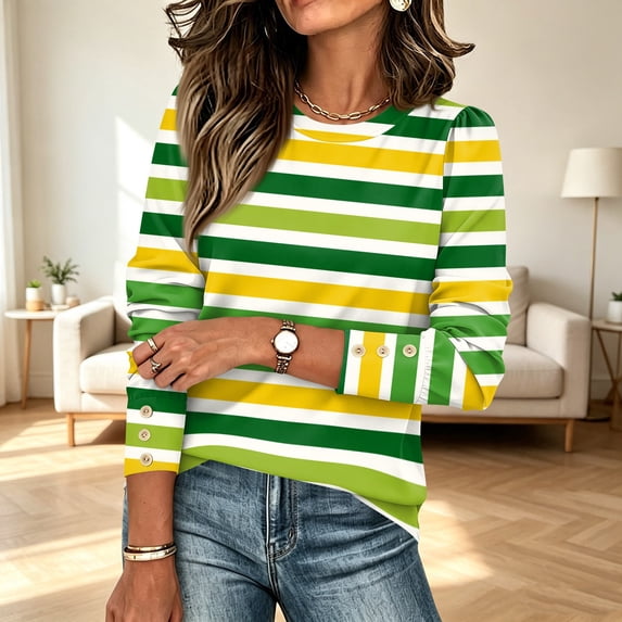 Stralyhd Striped Tops for Women Button Cuff Long Sleeve Crewneck Fitted Business Casual Pullover Blouses Loose Fall Fashion Outfits Green XXL