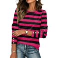 thumbnail image 1 of Stralyhd Striped Tops for Women Button Cuff Long Sleeve Crewneck Fitted Business Casual Pullover Blouses Loose Fall Fashion Outfits Hot Pink M, 1 of 5
