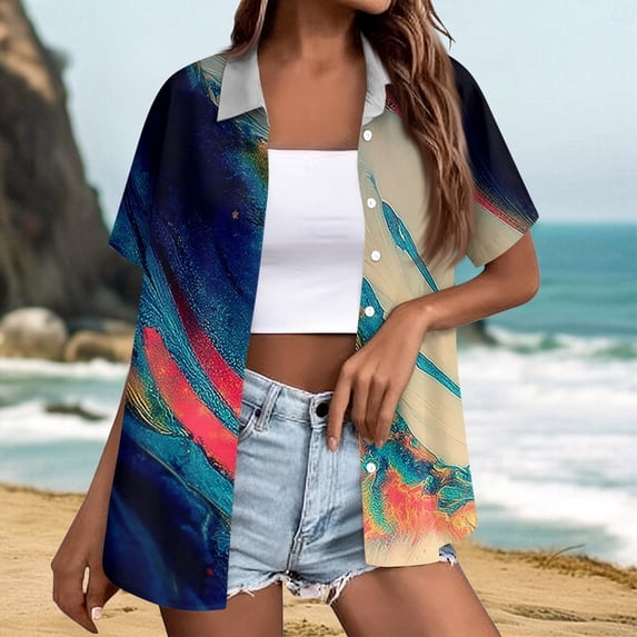 Stralyhd Summer Shirts for Women Short Sleeve Button Up Abstract Art Print Top Holiday Beach Basic Shirts Loose Fit Lightweight Soft Blouses Light Blue XL