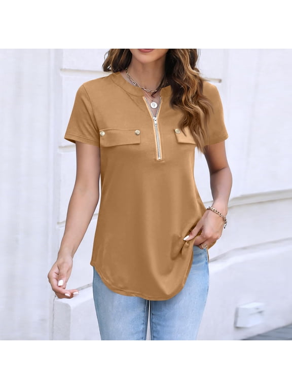 Summer Shirts for Women Short Sleeve Zipper Multicolour Tops Beach Vacation Basic T-Shirt Loose Comfy Y2k Blouse Camel XL