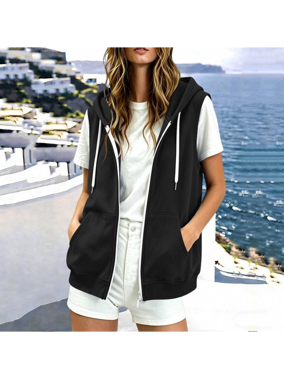 Summer Womens Vest Lightweight Sleeveless Vest Jackets Hooded Outdoor Jacket Casual Zip Up Stand Collar Hiking Golf Jacket with Pockets Black L