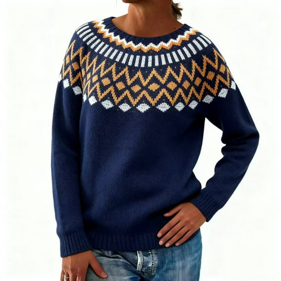 Stralyhd Sweaters for Women Vintage Fair Isle Sweater Embroidered Boho Long Sleeve Pullover Knitwear Plus Size Round Neck Cropped Pullover Tops Dark Blue L