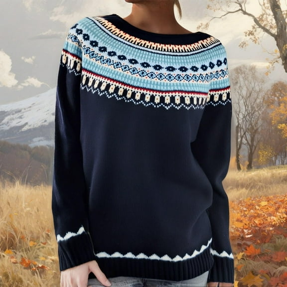 Stralyhd Sweaters for Women Vintage Knitted Fair Isle Sweater Crewneck Casual Loose Pullover Tops Long Sleeve Boho Black Sweaters for Women Navy L
