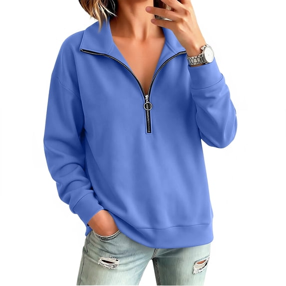 Stralyhd Sweatshirt for Women Casual Oversized Sweaters Long Sleeve Zipper Pullover Tops Soft Mock Neck Sweaters Loose Cozy Warm Outfits Blue M