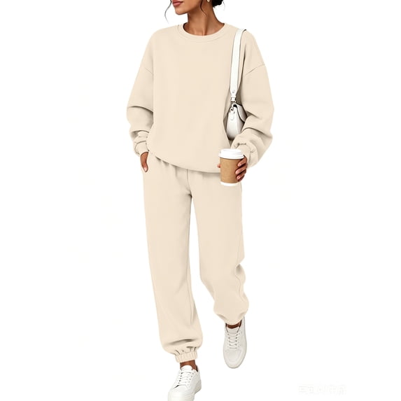 Stralyhd Sweatsuits Women 2 Piece Outfit Fall Trendy Matching Sets Baggy Round Neck Sweatshirts Fashion Joggerss Dressy Casual Track Suits Khaki S
