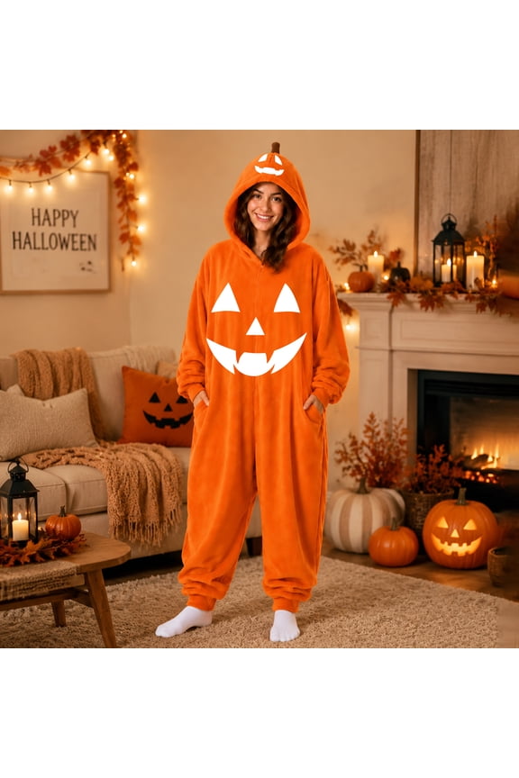 Trick or Treat Couple Matching Onesies Halloween Party Funny Pajamas Night Club Hooded Jumpsuits Spooky Horror Cozy Pajamas Ginger M