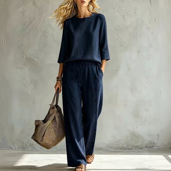 Stralyhd Two Piece Lounge Set for Women Summer Loose Set Loose Casual Long Outfits Travel Vacation Matching Set with Pockets Navy S