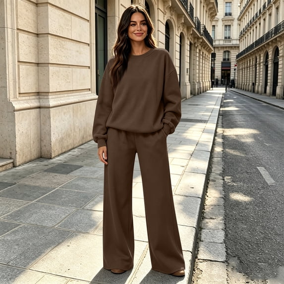 Stralyhd Two Piece Set for Women Casual Oversized Crewneck Sweatshirts and Relaxed Fit Wide Leg Sweatpants Fall Fashion Sweat Set Matching Lounge Track Suit Comfy Sets Clothing Brown M