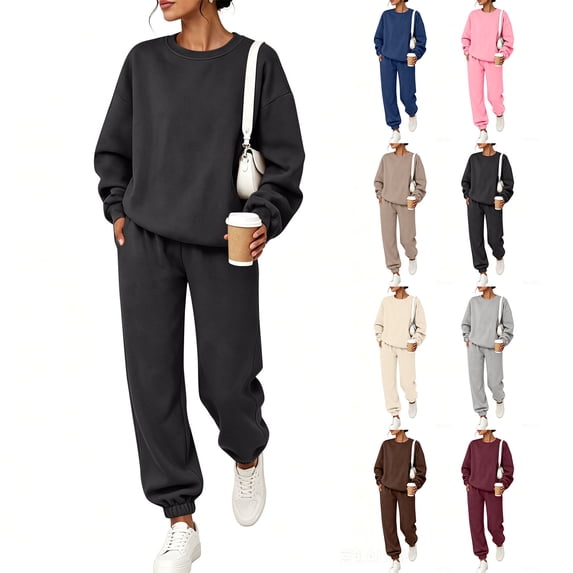 Stralyhd Two Piece Set for Women Fall Matching Sweatsuit Oversized Crewneck Sweatshirts Loose Fit Joggerss Casual Dressy Sweat Set Fashion Clothing Black M