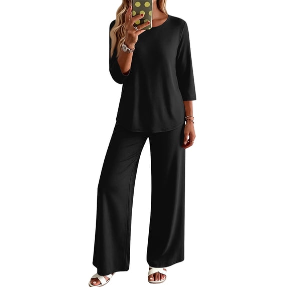 Stralyhd Two Piece Set for Women Summer Casual Dressy Lounge Set Outfits Oversized 3/4 Length Sleeve Tops and Trendy Wide Leg Pant Matching Sets Clothing Black XL