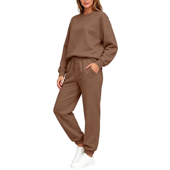 Stralyhd Two Piece Set Womens Travel Vacation Long Sleeve Outfit 2026 Fall Jogging 2 Piece Lounge Set Drawstring Sweat Business Lounge Sets Coffee M