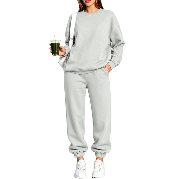 Stralyhd Two Piece Set Womens Vacation Long Sleeve Outfits 2026 Fall Jogger Sweatsuit Fleece Fashion Casual Lounge Sets Light Gray XXL